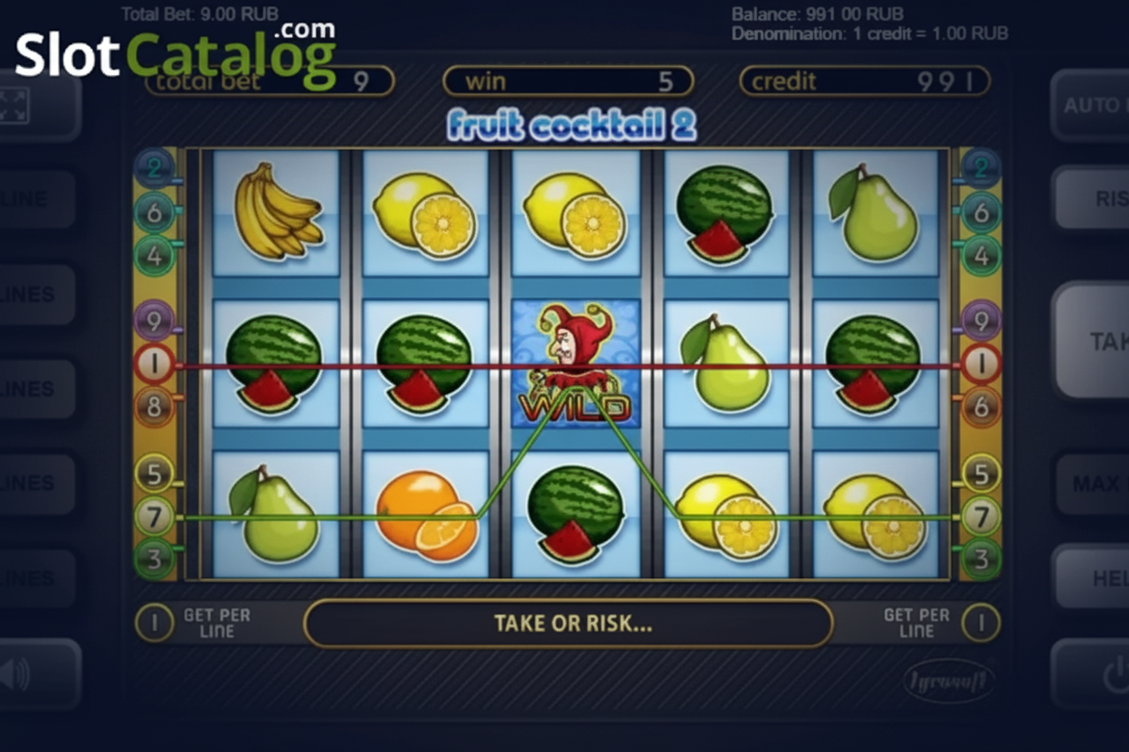Fruit Cocktail 2 Demo gratis - pantalla con créditos virtuales y rodillos de frutas