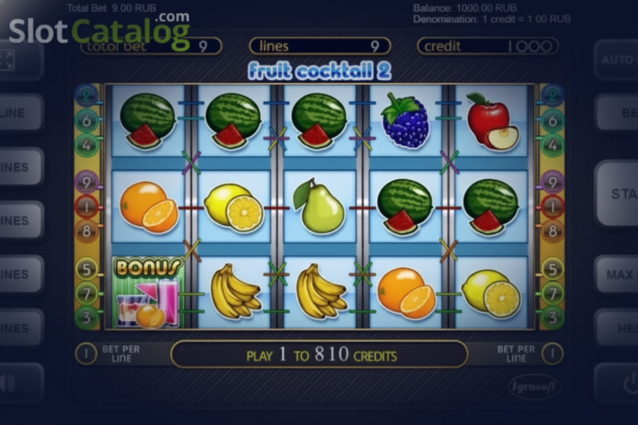 Captura de pantalla de Fruit Cocktail 2 mostrando rodillos y simbolos bonus
